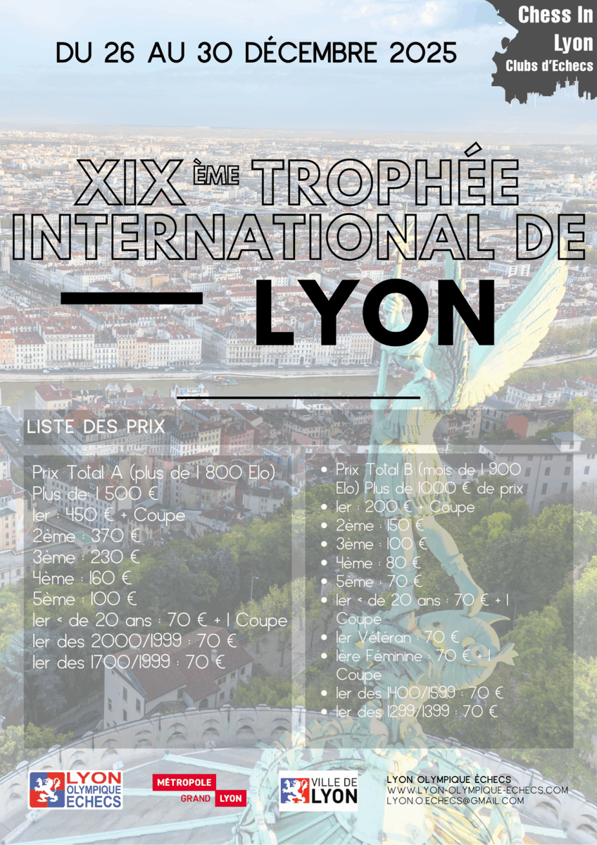 Le XIXème trophé international de Lyon prend place du 26 au 30 décembre !
2 open.
5 rondes de 1h30+30s/cps + 30min au 40ème coups.
information sur lyon-olympique-echecs.com/trophee-intern… 
Inscription sur  echecs.asso.fr/FicheTournoi.a… 
#chess #échecs #lyon #compétiton #tournoi