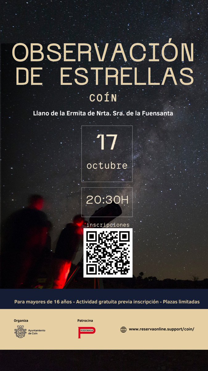 Patrocinio de la actividad “Observación de Estrellas” organizada por el área de Medio Ambiente del Ayuntamiento de Coín.
La actividad tendrá lugar el viernes 17 de octubre en el Llano de las Marías de la ermita de Coín. #patrocinioprodomasa #compromisosocial #observacionestrellas