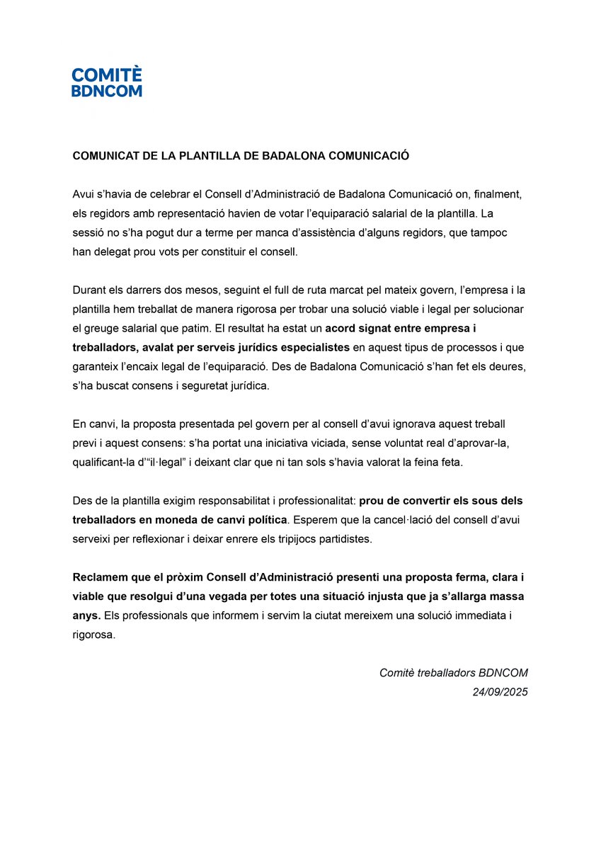 Comitè treballadors BDNCOM (@dbdncom) on Twitter photo 🔴 COMUNICAT AMB RELACIÓ AL CONSELL SUSPÈS
Reclamem que es presenti una proposta ferma i rigorosa que resolgui l'equiparació.
⚠️ Confiem que l'episodi d’avui serveixi per deixar de fer tripijocs partidistes a costa dels professionals que informem i servim la ciutat. 🔴 COMUNICAT AMB RELACIÓ AL CONSELL SUSPÈS
Reclamem que es presenti una proposta ferma i rigorosa que resolgui l'equiparació.
⚠️ Confiem que l'episodi d’avui serveixi per deixar de fer tripijocs partidistes a costa dels professionals que informem i servim la ciutat.