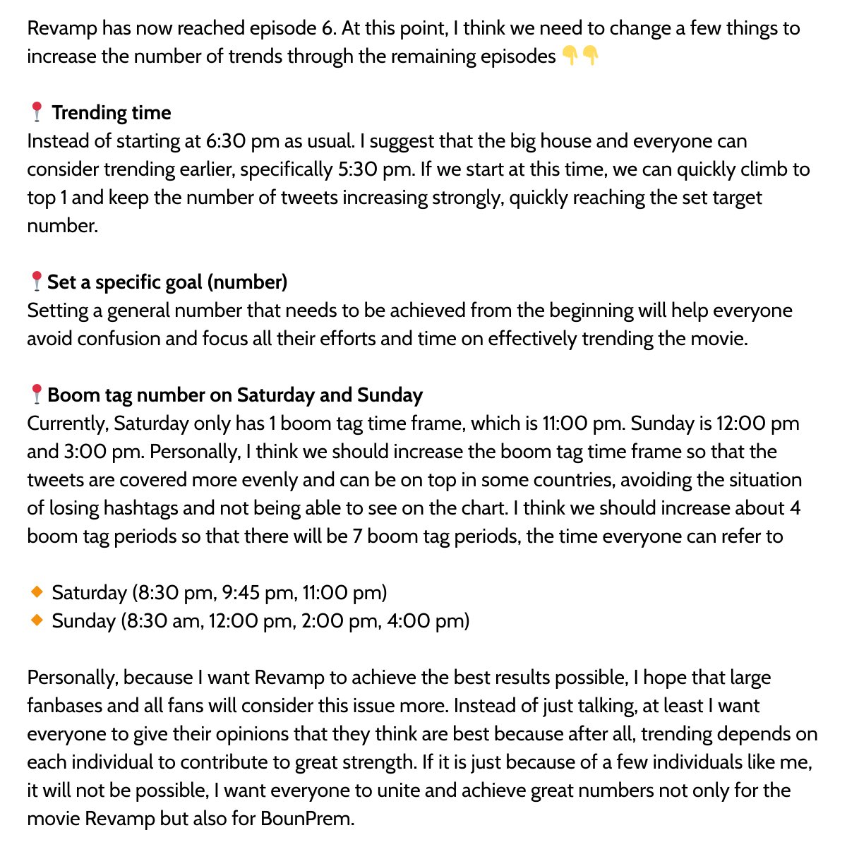 This is my personal opinion that I would like to propose to help Revamp achieve higher results this week. Everyone can read it for reference, give opinions or suggest big fanbases to vote on the trending time. Let's fight for Revamp together 🥦🙏🏻💪🏻