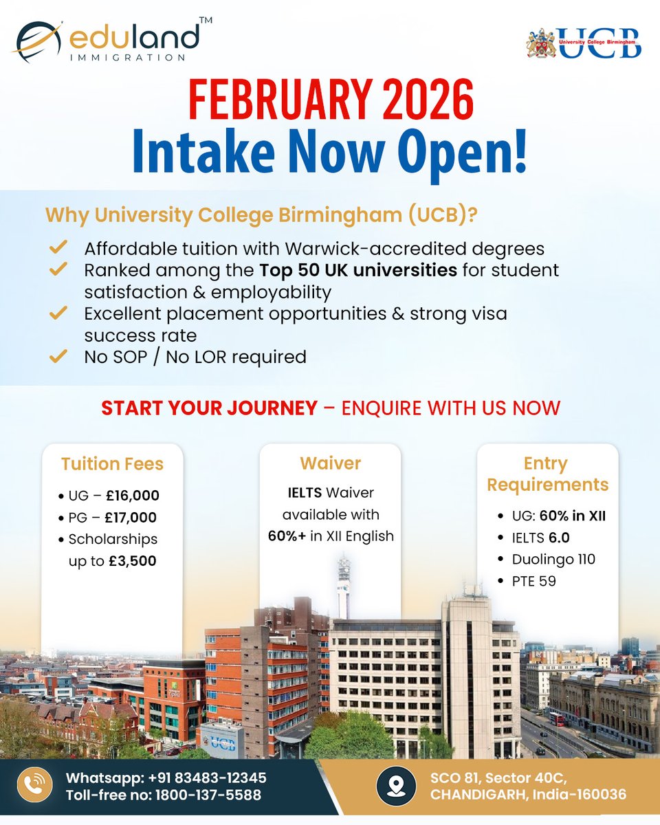 Edulandofficial's tweet image. 🎓 February 26 Intake at University College Birmingham is now open!

Apply today and begin your study abroad journey in the UK.

📞 Contact Eduland Immigration for application &amp;amp; visa support.

.

.

.

#StudyInUK #UCB #FebruaryIntake #UKStudyVisa