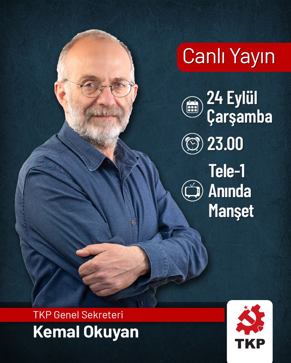 📌TKP Genel Sekreteri <a href="/OkuyanKemal/">Kemal Okuyan</a>, bu akşam, saat 23.00'te, Tele 1 ekranlarında yayımlanan "Anında Manşet" programında Gazeteci <a href="/TMollaveisoglu/">Tuncay Mollaveisoglu</a>'nun gündeme ilişkin sorularını yanıtlıyor.