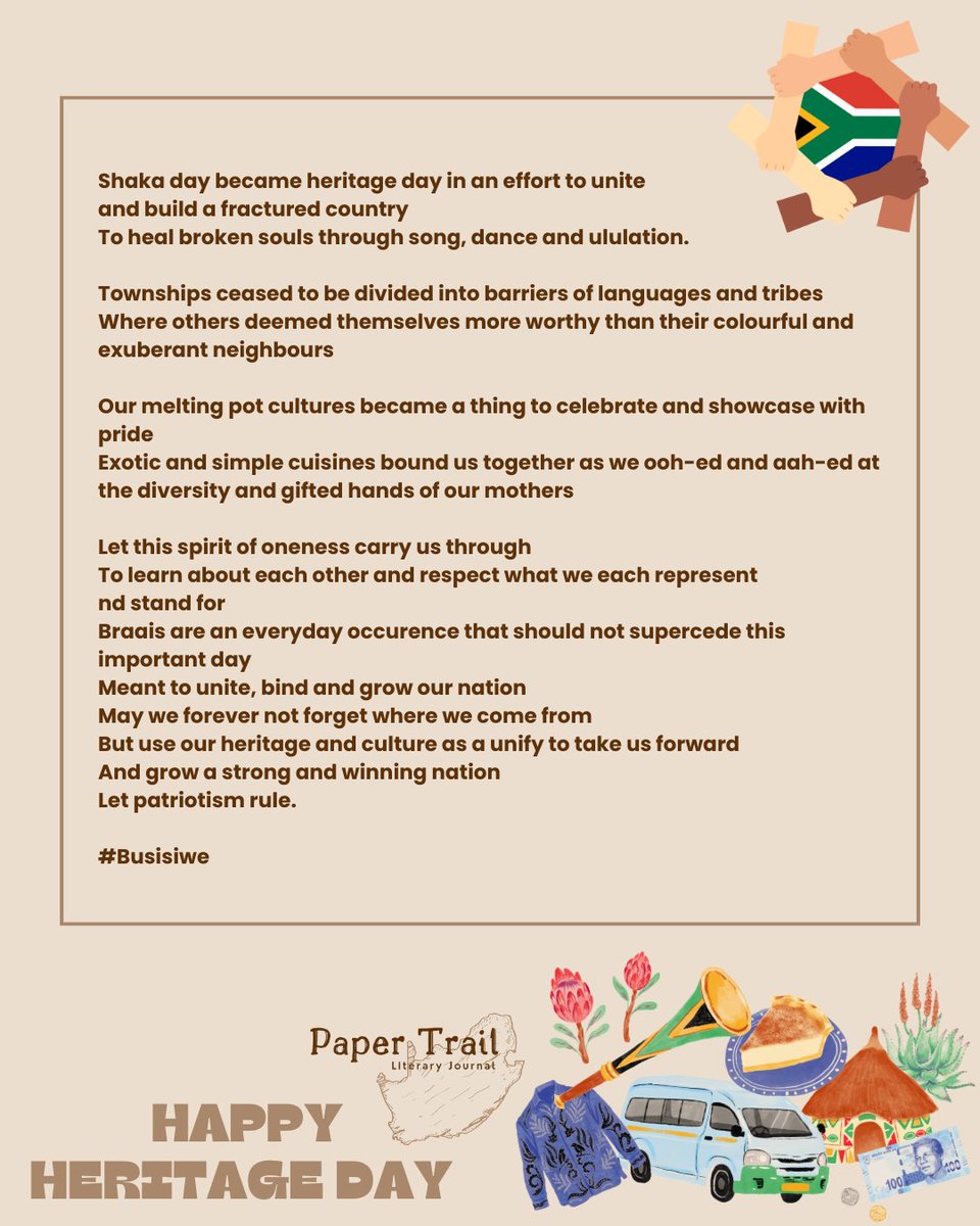 "We are many cultures, but one nation."
- Miriam Makeba

Happy Heritage Day 🇿🇦