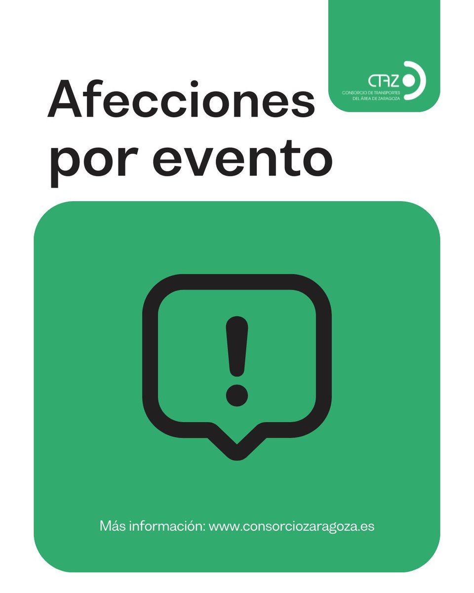 📢‼️Afecciones el sábado 27SEP por evento cultural🎥 en Zaragoza
📅sábado, 27SEP
🚍Líneas <a href="/CTAZgz/">CTAZ</a> 
ℹ️consorciozaragoza.es/content/afecci…