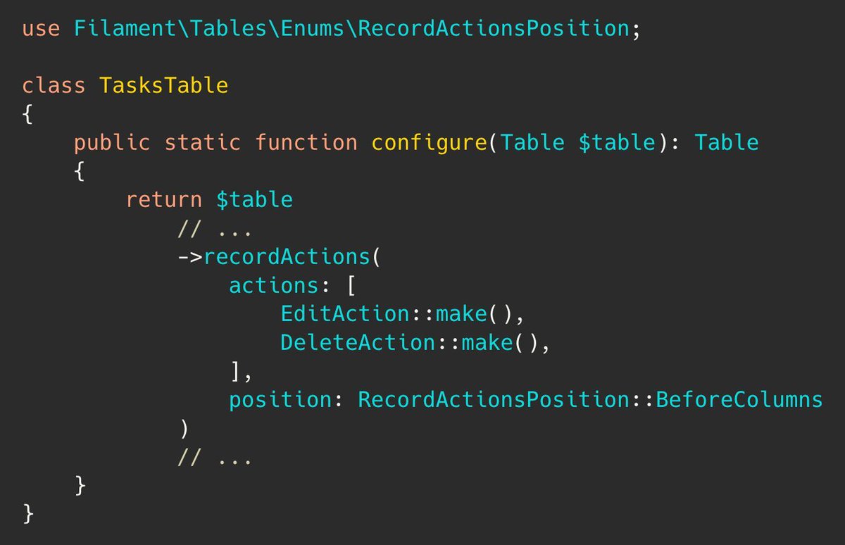 PovilasKorop's tweet image. Tip on @filamentphp.
Row actions don’t have to be at the end of the table.
With `RecordActionsPosition::BeforeColumns` or `BeforeCells`, you can move them before data or even before the checkbox column.
Docs: filamentphp.com/docs/4.x/table…
#practicalFilamentDocs