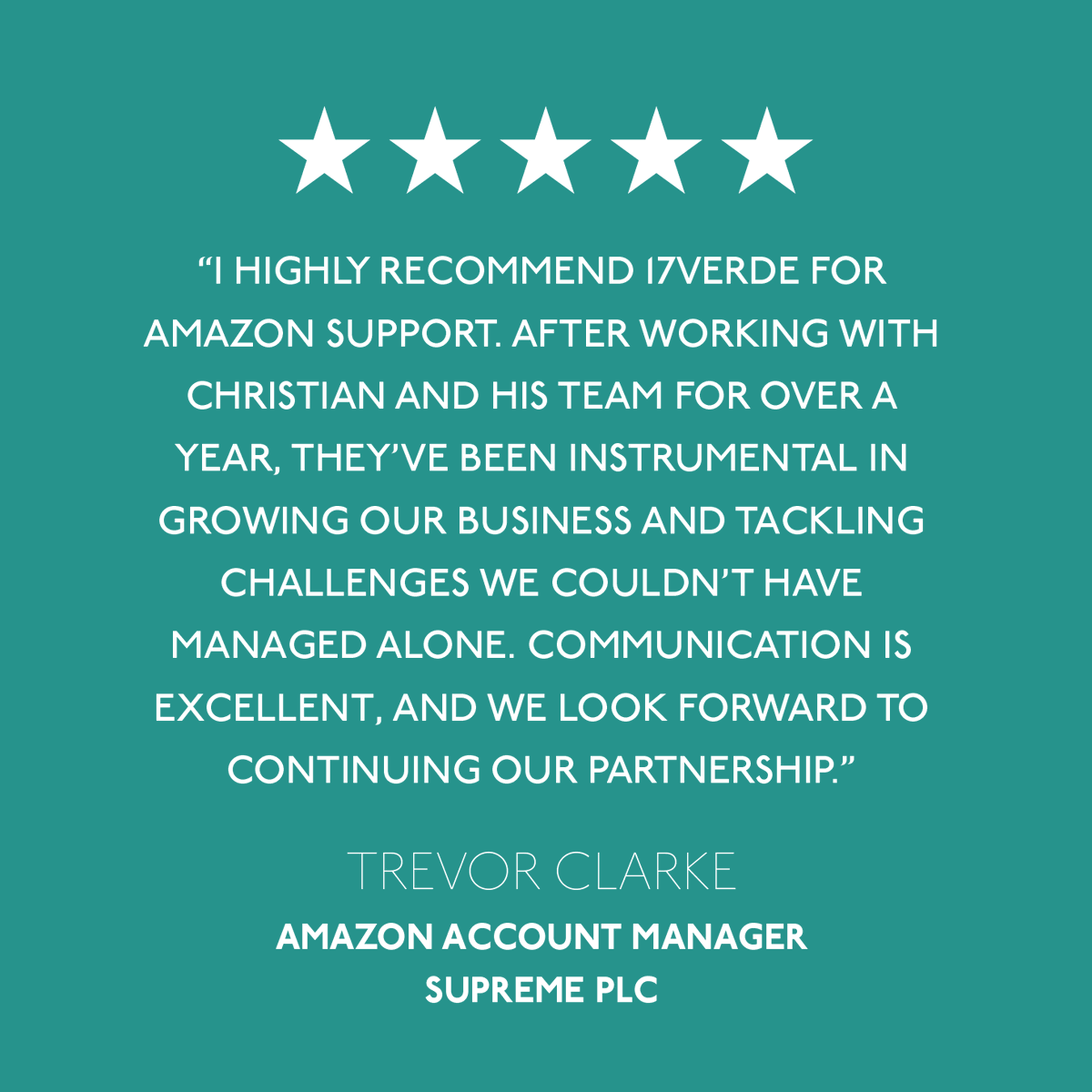 17VerdeLtd's tweet photo. Helping brands grow on Amazon isn’t just our goal, it’s our track record. Grateful for this fantastic Trustpilot review from @SupremePLC. https://t.co/alvvf7L9A9

For support with your brand on Amazon get in contact with the 17VERDE team.
#17VERDE https://t.co/qyOhl7YizF