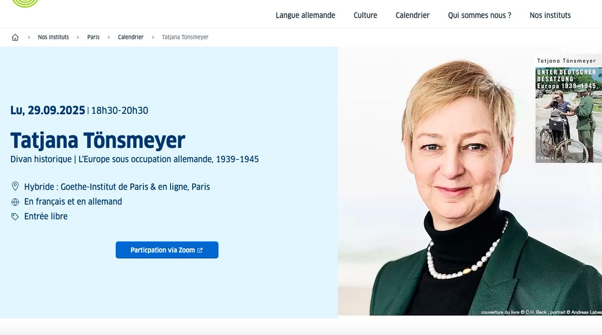 29 septembre, 18 h 30, Goethe-Institut Paris
Divan historique autour du livre de Tatjana Tönsmeyer (Wuppertal)
« Unter Deutscher Beatzung, Europa 1939-1945 », Beck, 2024
Discussion : C. Defrance <a href="/UmrSirice/">UMR SIRICE</a>, U. Pfeil <a href="/Fleche66/">Ulrich Pfeil</a>, Jean-Luc Leleu (HisTeMé)
goethe.de/ins/fr/fr/sta/…