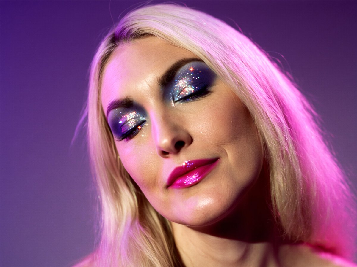 SHOT:  • Composition: Extreme close-up, face angled, eyes closed  • Camera Settings: Soft focus, ISO 400, f/2.0  • Film Grain: Fine smooth grain  LENS EFFECTS:  • Optics: Slight lens flare, subtle sparkle highlights  • Artifacts: Light reflections enhancing glitter  • Depth