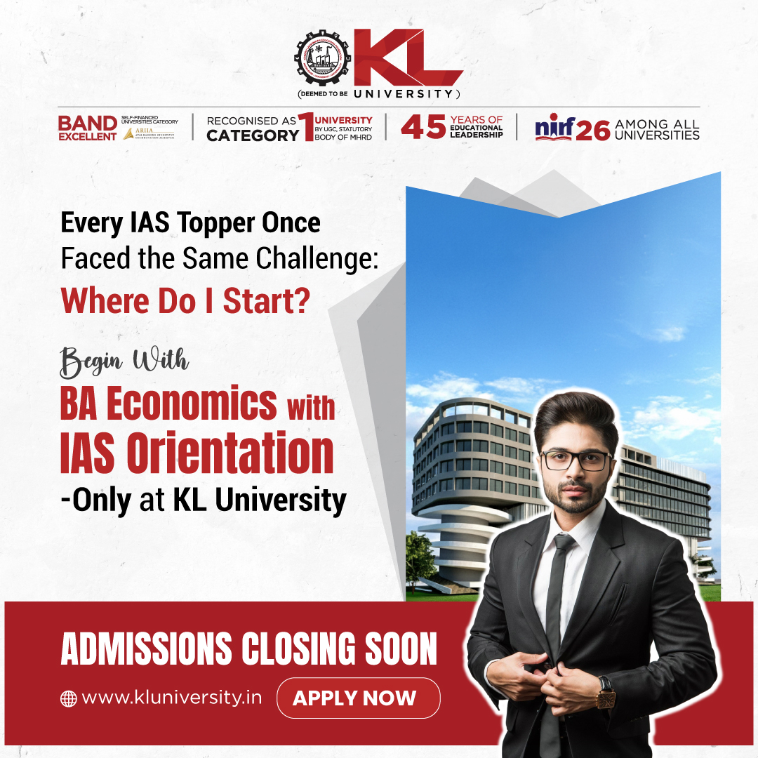 kluniversity's tweet image. Combine economic principles with your civil service dream at KLU. Our BA in Economics offers a strong foundation plus expert IAS exam orientation and coaching for all stages.

kluniversity.in/admissions-202…

#KLUniversity #BAEconomics #IASPreparation #FutureBureaucrats