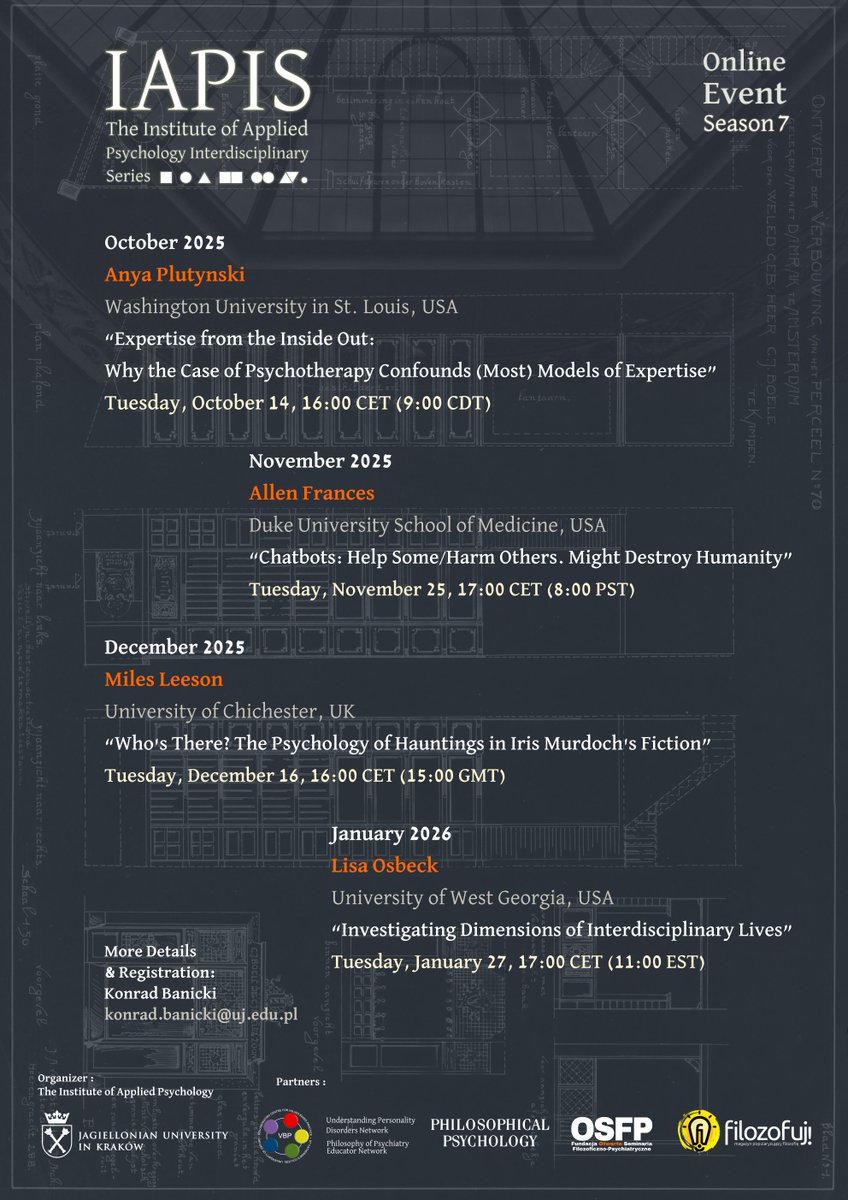 Castalia1981's tweet image. I am very excited about the upcoming seventh edition of the Institute of Applied Psychology Interdisciplinary Series (IAPIS, ips.uj.edu.pl/nauka/iapis/ia… & @JagiellonskiUni)
In cooperation with: @VBPOxford @JournalPHP osfp.org.pl & @afilozofuj
For the 1st talk see 👇👇👇