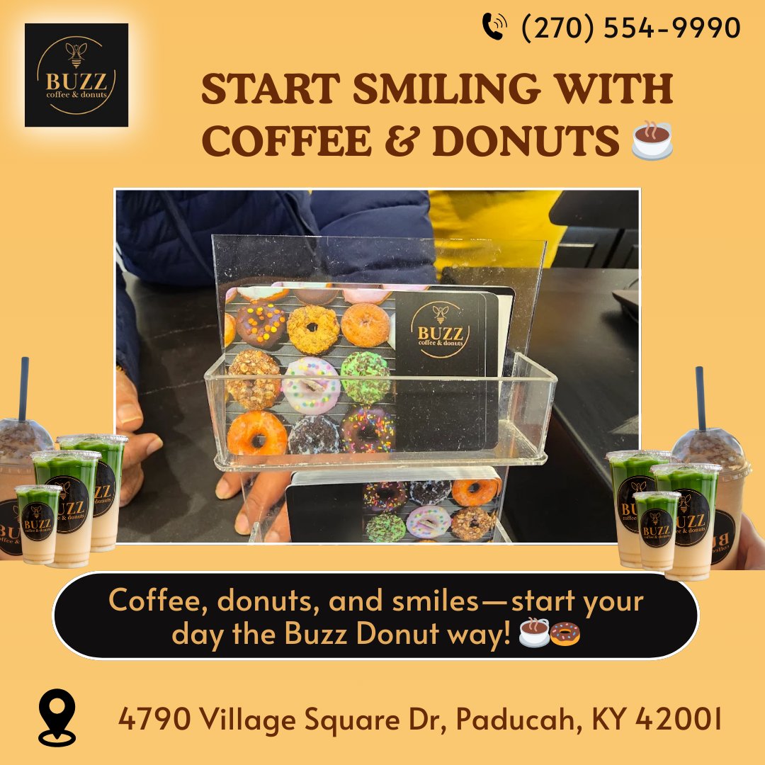 buzzdonutpky's tweet photo. ☕🍩 Fresh coffee, tasty donuts &amp; happy vibes—only at Buzz Donut! Call us now 👉 (270) 554-9990
#BuzzDonut #PaducahEats #CoffeeTime #DonutLove #MorningSmiles https://t.co/6WKrQfRDWi