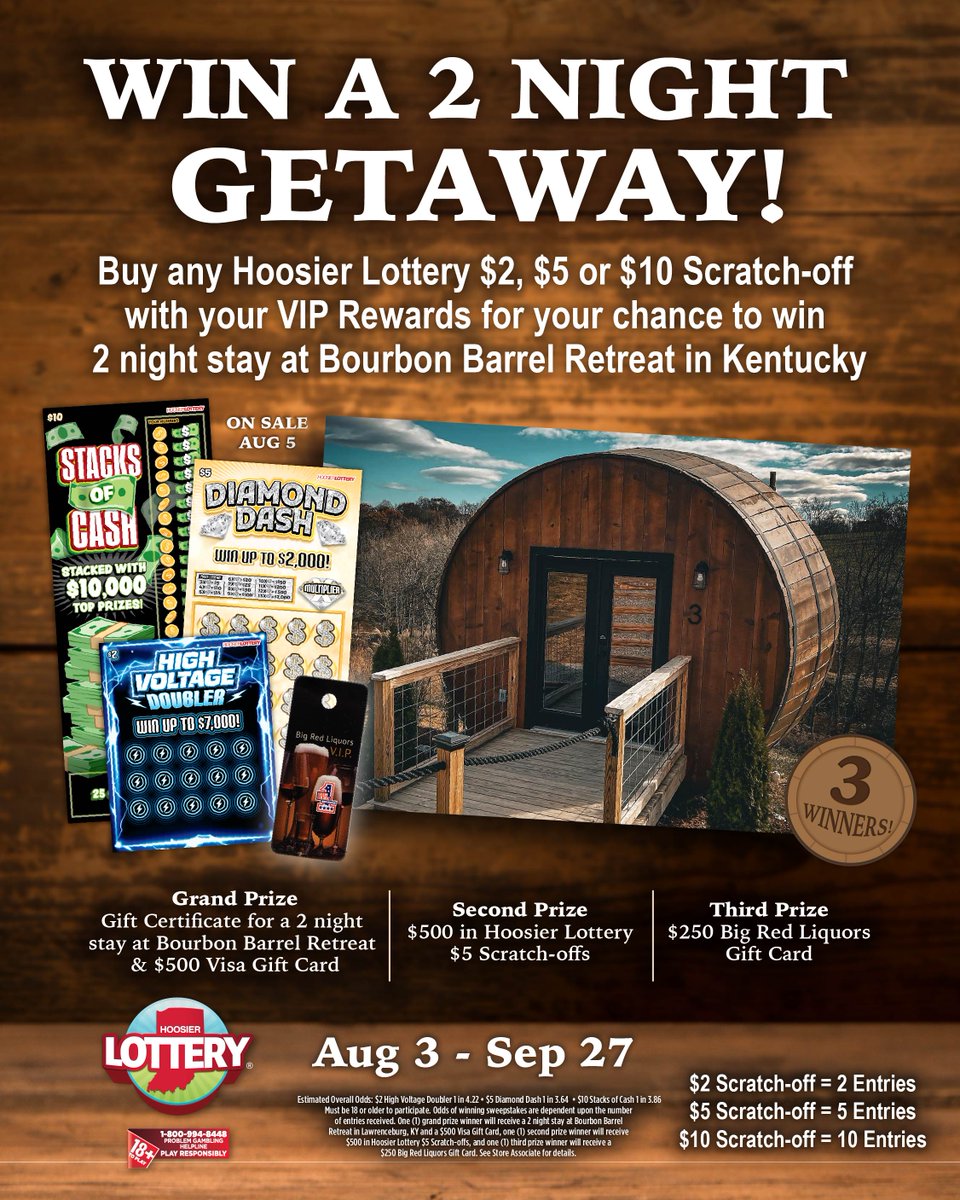 bigredliquors's tweet image. 🎉 Bourbon Retreat Sweepstakes is ON! VIPs: Buy $2, $5, or $10 Hoosier Lottery Scratch-offs to enter — each $1 spent = 1 entry! 🏆 Win a bourbon retreat, $500 Visa, or more! Now–Sept 27 #BourbonRetreat #HoosierLottery #Sweepstake #BigRedLiquors