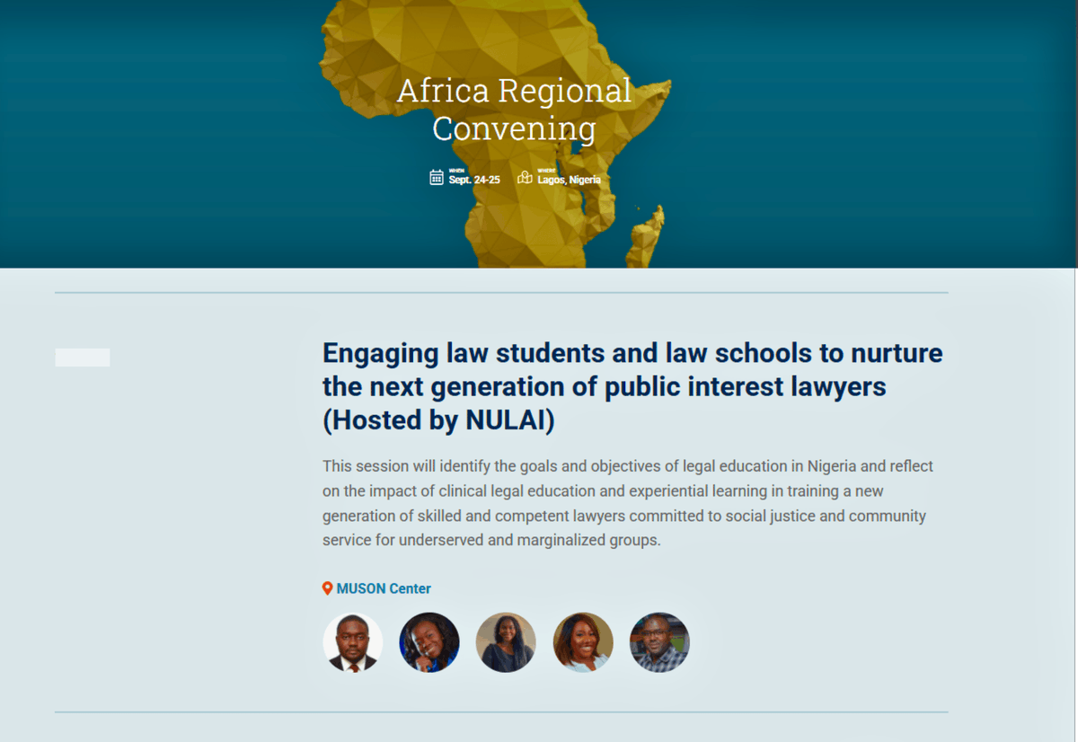 NULAINigeria's tweet photo. We’re in Lagos for @PILnet's Regional Convening!

Today, NULAI is hosting a session (anchored by @mahmudyusuf) on engaging law students &amp; schools to nurture the next generation of public interest lawyers.

Proud to be part of this important event. #ProBonoAfrica #AccessToJustice https://t.co/f7xnH4kVyL