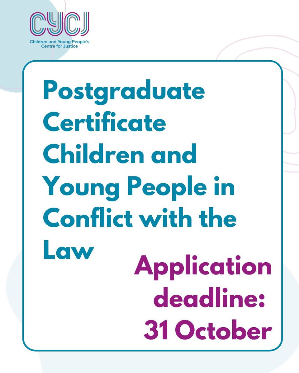 CYCJScotland's tweet photo. If you're looking to take your professional development to the next level - we have the course for you.  

Our Post Graduate certificate in children in conflict with the law allows learners to gain a critical understanding of the issues surrounding the rights of children and young people in conflict with the law and a theoretically informed understanding of their developmental pathways, assessment, formulation, and intervention approaches.  

Apply now before 31 October 👇 

https://t.co/hlfbVhtsYW