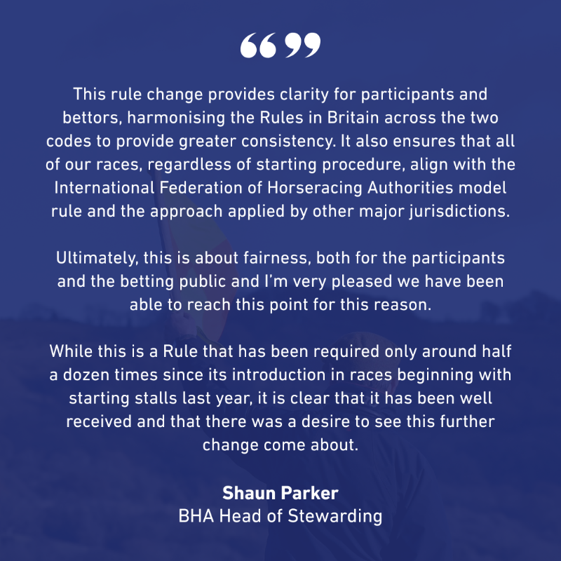 BHAHorseracing's tweet photo. A new rule change will enable Stewards to declare a horse a non-runner in Jumps races if they determine that a horse has been denied a fair start.

The rule brings Jump racing in line with the Flat, where this power was made available to Stewards in May 2024.

Full details ⤵️