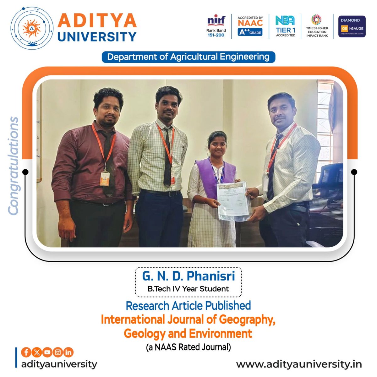 adityauniv's tweet image. Congratulations to our B.Tech IV Year students for publishing their first research article in a NAAS rated journal! 
#AdityaUniversity #ResearchExcellence #NAASJournal #StudentAchievement #AcademicResearch #Innovation #FacultyMentorship #YoungResearchers