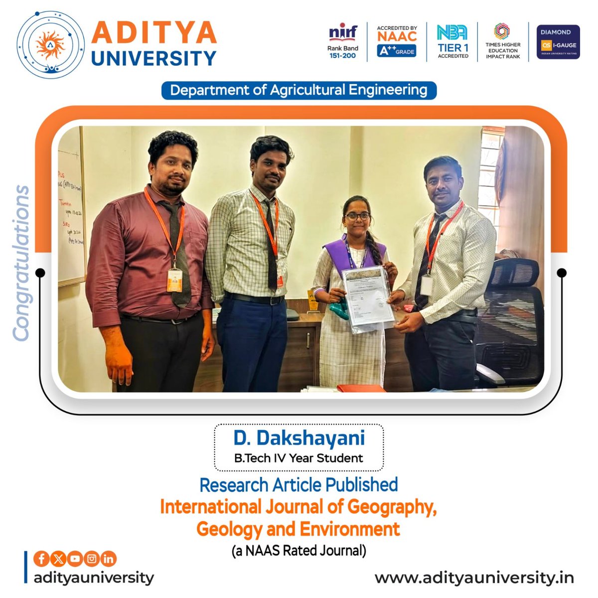 adityauniv's tweet image. Congratulations to our B.Tech IV Year students for publishing their first research article in a NAAS rated journal! 
#AdityaUniversity #ResearchExcellence #NAASJournal #StudentAchievement #AcademicResearch #Innovation #FacultyMentorship #YoungResearchers