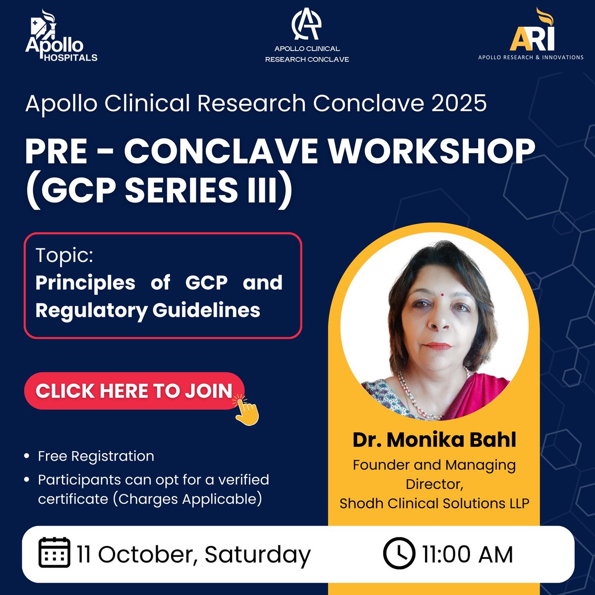 Join us for Pre-Conclave Free Workshop on “Principles of ICH-GCP and Regulatory Guidelines” with Dr. Monika Bahl, Founder &amp; MD, Shodh Clinical on 11th Oct from 11:00 AM.

Verified Certificate Available (Rs. 1200)

Register Now events.teams.microsoft.com/event/d630c826…

#GCPWorkshop #PreConclave