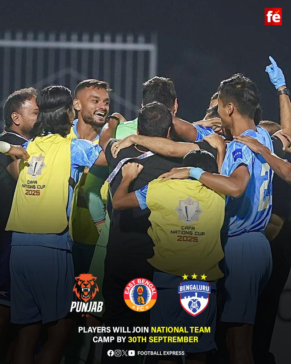 FExpressIndia's tweet photo. Players from Punjab FC, East Bengal FC, and Bengaluru FC are joining the National Team Camp by September 30th.

#IndianFootball #NationalTeam #FootballIndia #CAFANationsCup2025 #PunjabFC #EastBengalFC #BengaluruFC #IndianFootballTeam #FootballNews #RoadTo2025 https://t.co/06ycnTqBR9