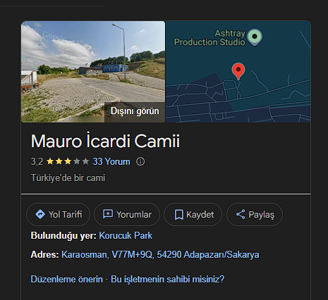 Korucuk'ta yapımına devam eden caminin adı Google Maps'te kimliği belirsiz kişiler tarafından "Mauro Icardi Camii" olarak değiştirildi.

Uygulamada camiye yorum atan vatandaşlar duruma tepki gösterdi.

<a href="/sakaryamuftuluk/">Sakarya İl Müftülüğü</a> <a href="/MauroIcardi/">MauroIcardi</a> #Sakarya