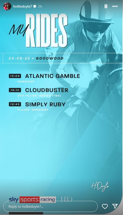 Who: Hollie Doyle <a href="/HollieDoyle1/">Hollie Doyle</a> 💪
When: Wednesday 🌞
Where: Goodwood <a href="/Goodwood_Races/">Goodwood Racecourse</a> 🏇🇬🇧
What: Riding more winners‼️🥰
#goodluck #horseracing #Goodwood #winners