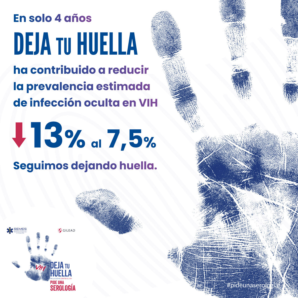📉 En solo 4 años, #DejaTuHuella ha contribuido, entre otras acciones realizadas en España, a reducir la prevalencia estimada de infección oculta en VIH:
🔻 Del 13% al 7,5%.

👣 Seguimos dejando huella.
#VIH #Prevención