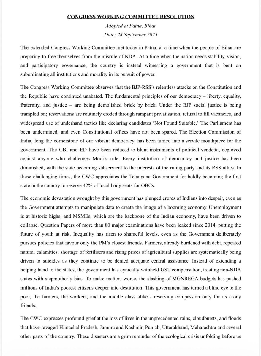 INCSandesh's tweet image. CONGRESS WORKING COMMITTEE RESOLUTION