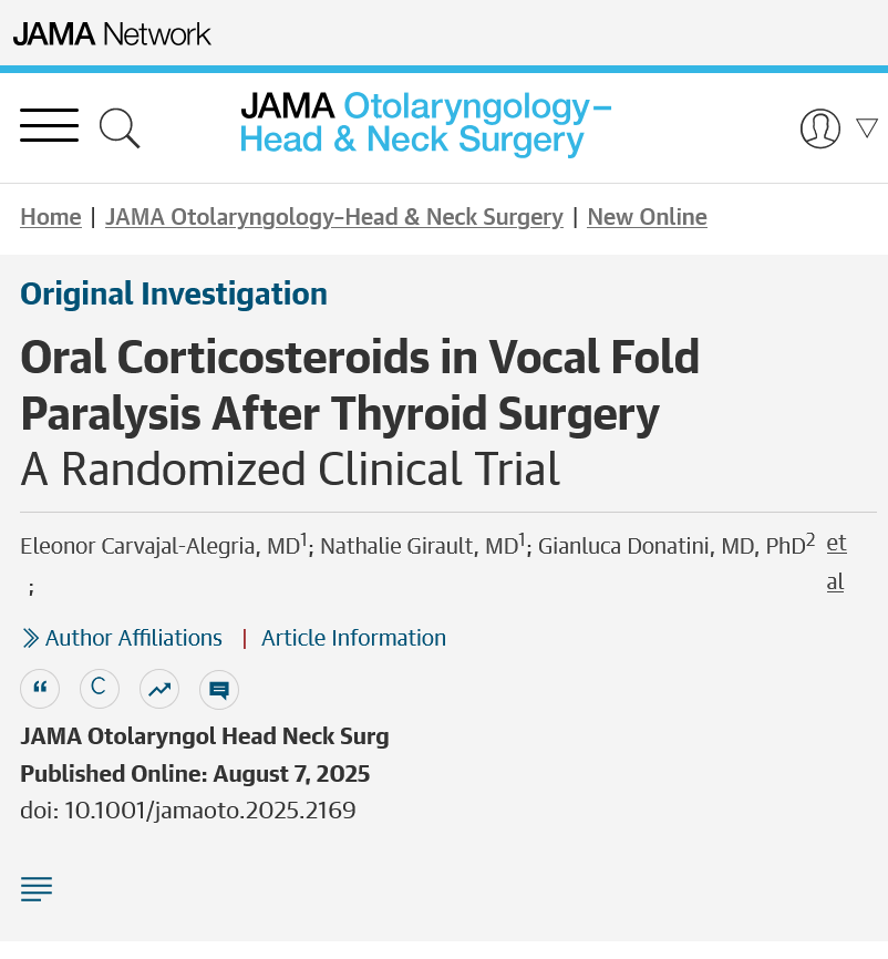 JAMAOto's tweet photo. Oral corticosteroids do not enhance vocal cord remobilization or improve voice quality in patients with postoperative unilateral vocal fold paralysis. https://t.co/PxDr74hHcX https://t.co/AxVJuN0ODa