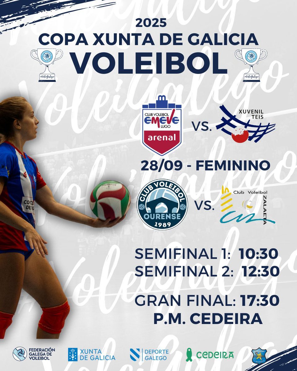VoleiGalego's tweet image. 🏆💙 A Copa Xunta de Galicia enfrontará aos mellores equipos do #voleigalego esta fin de semana en Cedeira!
🆚 Aquí os enfrontamentos e horarios por categoría!