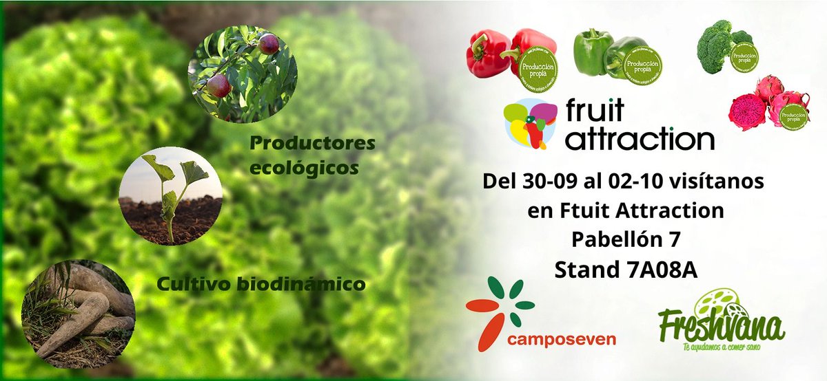 Ven a visitarnos a #fruitattraction
Desde el 30/09 hasta el 02/10 nos podrás encontrar en el pabellón 7 stand 7A08A
¡Visítanos!
#camposeven #agricultura #agriculturaecológica #feria #fruitattraction #fruit2025