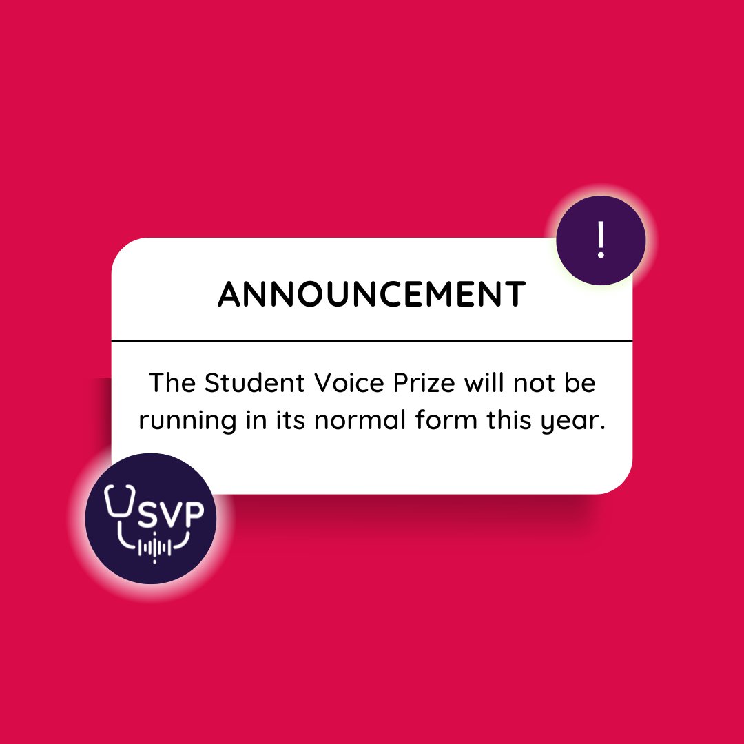 Unfortunately, The Student Voice Prize won’t run in its usual form this year.

A huge thank you to everyone who’s been part of its journey so far. 

Watch this space as @rarebeacon &amp; Medics for Rare Disease develop plans to celebrate 10 years of the competition!