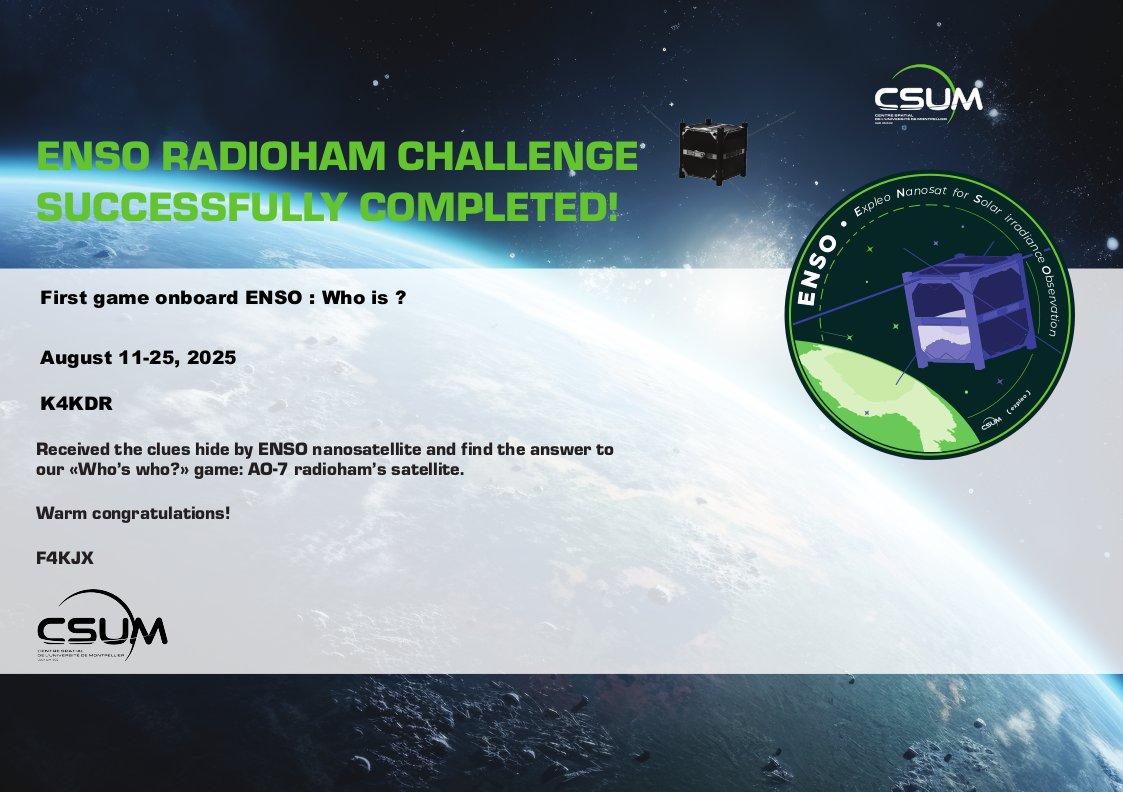 Sincere thanks to <a href="/CSUM_F4KJX/">F4KJX - CSUM Hamradio</a> for the nice recognition after I FINALLY figured out the answer for ENSO Contest #1!