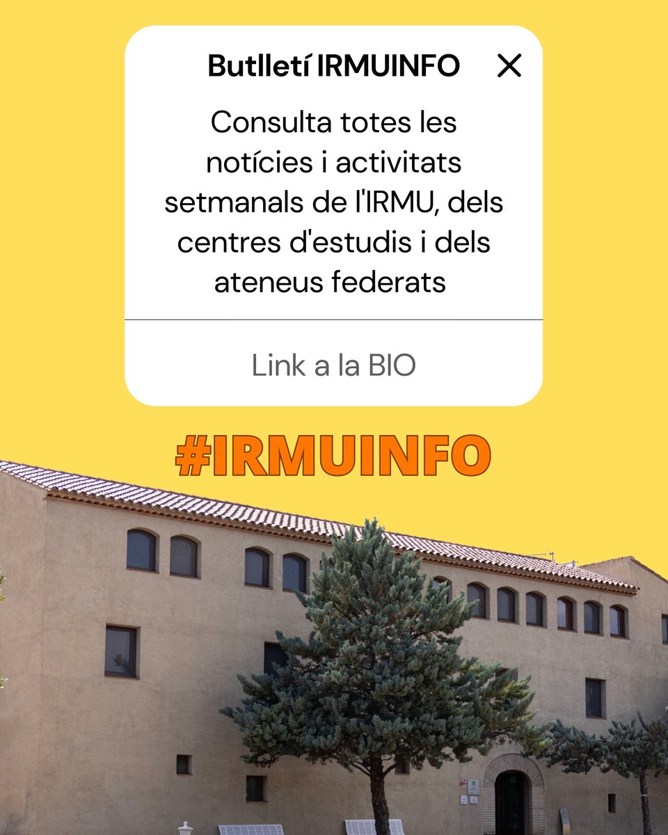 📩Presentem el butlletí #IRMUINFO: del 24|09 al 30|09

✔️Llegeix les darreres notícies i activitats de l'IRMU, dels Centres d'Estudis i dels Ateneus Federats al següent enllaç: irmu.org/newsletter

🔶Subscriu-t’hi: irmu.org/base/subscribe

#Cultura #Territori #CentresdEstudis