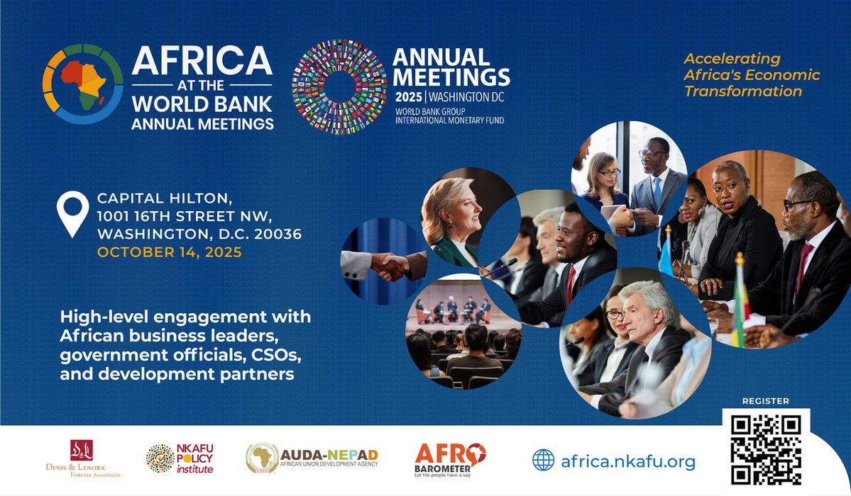 afrobarometer's tweet image. A few days to go!

On Oct 14, #2025AAtWBAM in Washington, D.C., will gather leaders to advance Africa’s voice in global economic governance. 

Key themes: jobs, inclusive growth, energy, digital inclusion &amp;amp; gender equity.

Learn more: africa.nkafu.org 

#2025AfricaAtWB