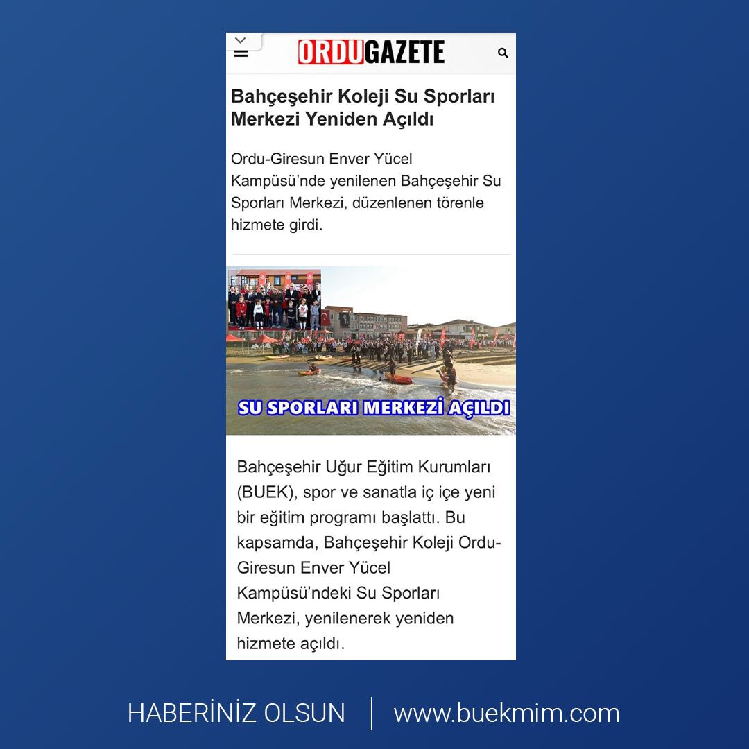 Bahçeşehir Kolejinin Ordu-Giresun Enver Yücel Kampüsü'ndeki Su Sporları Merkezinin, yenilenerek düzenlenen törenle yeniden hizmete açıldığı haberi basında yer aldı.
ordugazete.com/bahcesehir-kol…