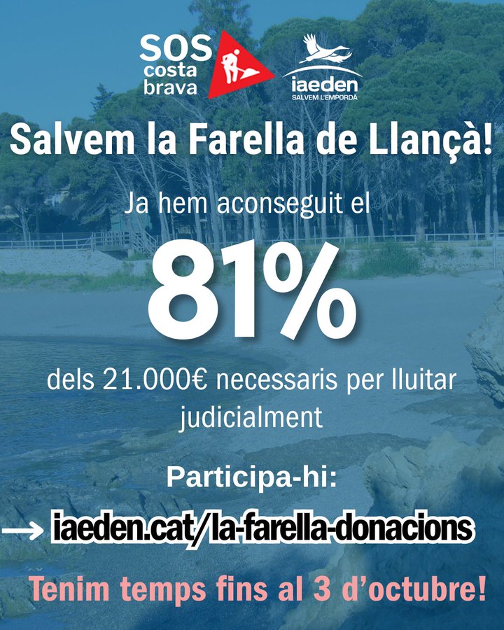 🌲 Ja hem assolit el 81% dels 21.000 € necessaris per defensar judicialment la pineda de la Farella de Llançà!
💪 Gràcies a la força col·lectiva som a prop d’aconseguir-ho i encara queda marge
⏳ Tenim fins al 3 d’octubre
🔗 Fes la teva aportació: iaeden.cat/la-farella-don…