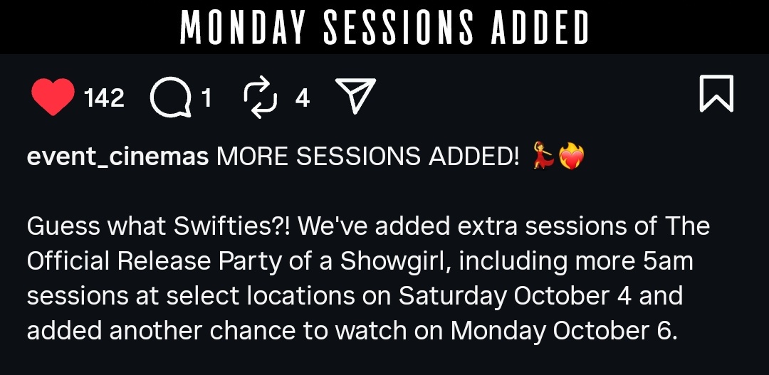 🚨: Event Cinemas have added more session times for the "Release Party of a Showgirl" INCLUDING sessions on Monday the 6th.