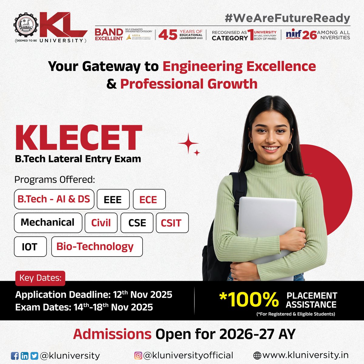 kluniversity's tweet image. Advance your engineering career with KLECET – B.Tech Lateral Entry at KLU. Get access to world-class labs, expert faculty, and an industry-aligned curriculum.

Admissions open 2025-26.
Apply now: kluniversity.in/admissions-202…

#BTechPrograms #IndustryAlignedCurriculum