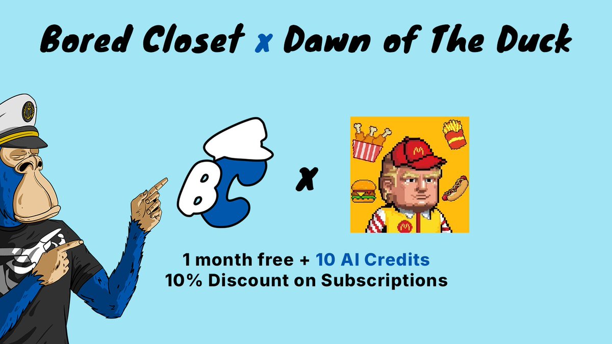 🚨 𝗧𝗥𝗨𝗠𝗣𝗜𝗫𝗘𝗟  𝘅  𝗕𝗢𝗥𝗘𝗗 𝗖𝗟𝗢𝗦𝗘𝗧 🚨

@dev_allo has generously given us 1 free month of <a href="/boredcloset/">Bored Closet</a>
 V2 (art generation)!
Holders get 10 AI credits and 10% discount on any subscription

Apply AI to improve TrumPixel NFTs!

Make Apechain Great Again 🦍