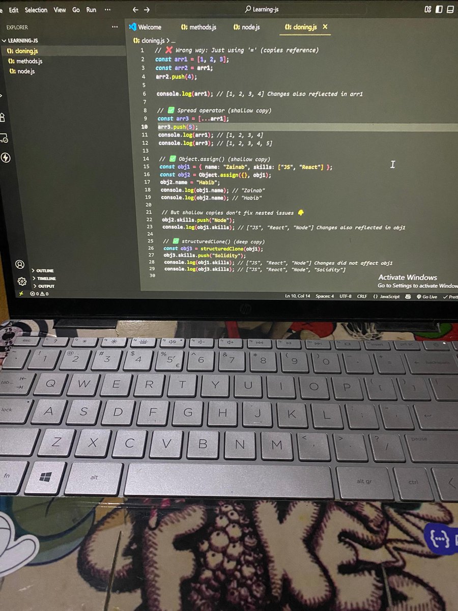 zaynab_eth's tweet image. #LearnJavaScript
Cloning in JavaScript isn’t always what you think 👇
= mean copies reference (both change)
📍...spread → shallow copy
📍Object.assign() → shallow copy
📍structuredClone() → deep copy ✅
Choose wisely when working with arrays/objects
#100DaysOfCode
