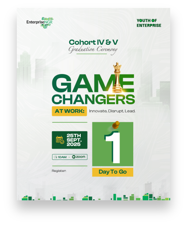 1 DAY TO GO 
Tomorrow, we celebrate the journey of our Cohort IV &amp; V interns at the YOE Graduation Ceremony!
Theme: Game Changers at Work: Innovate, Disrupt, Lead

📅 25 Sept | ⏰ 10AM WAT | Virtual
🔗 Register: enterprisengr.com/yoe-graduation…

#YOEGraduationCeremony #GameChangersAtWork