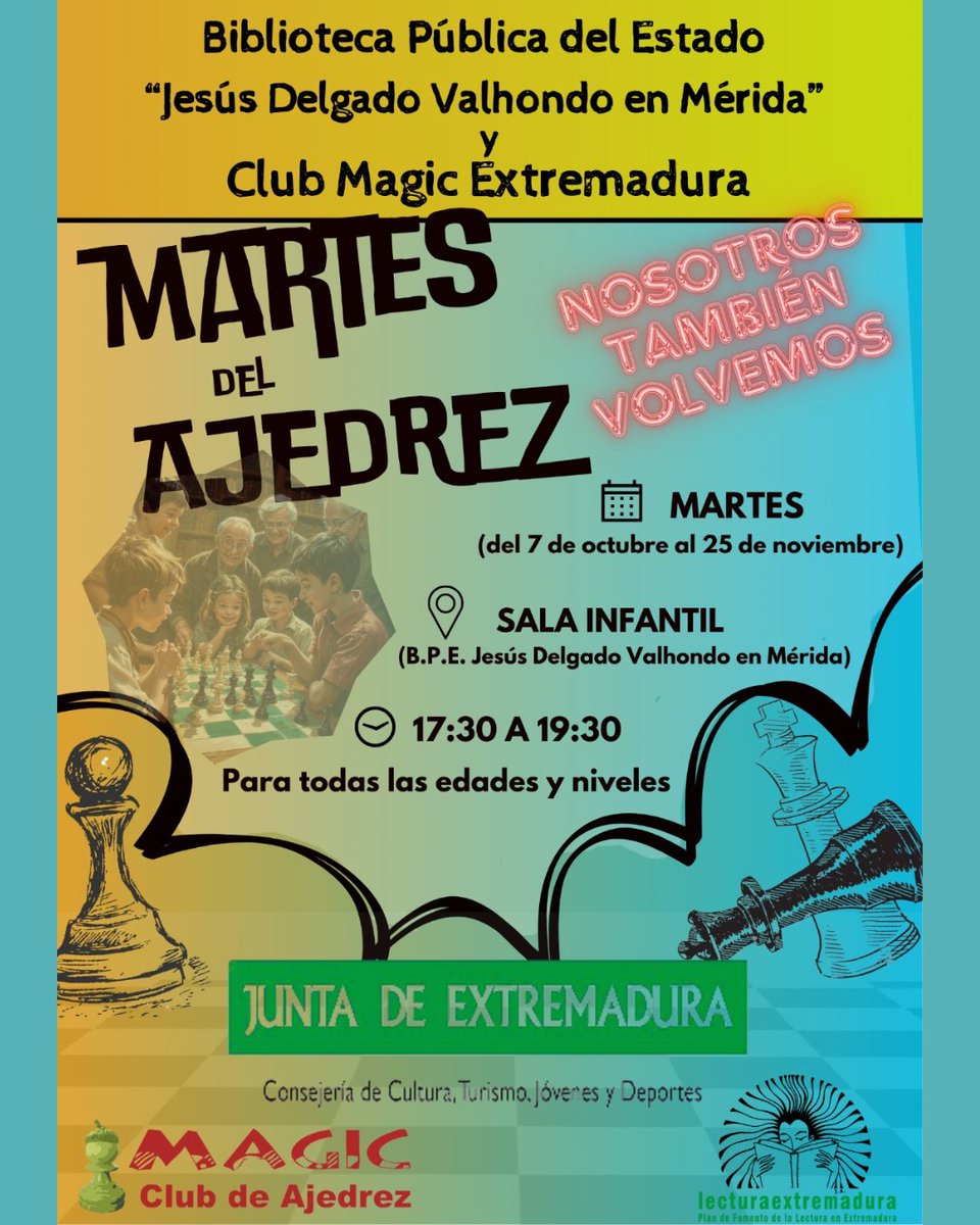 BiblioMerida (@bibliomerida) on Twitter photo Vuelven los Martes del Ajedrez a la Biblioteca Pública del Estado en Mérida de la mano de <a href="/chessmagic/">Club Ajedrez Magic Extremadura</a> 
Todos los martes desde el 7 de octubre hasta 25 de noviembre de 2025
Para todas las edades y niveles
Lugar: sala infantil de la biblioteca de 17:30 a 19:30h. Vuelven los Martes del Ajedrez a la Biblioteca Pública del Estado en Mérida de la mano de <a href="/chessmagic/">Club Ajedrez Magic Extremadura</a> 
Todos los martes desde el 7 de octubre hasta 25 de noviembre de 2025
Para todas las edades y niveles
Lugar: sala infantil de la biblioteca de 17:30 a 19:30h.