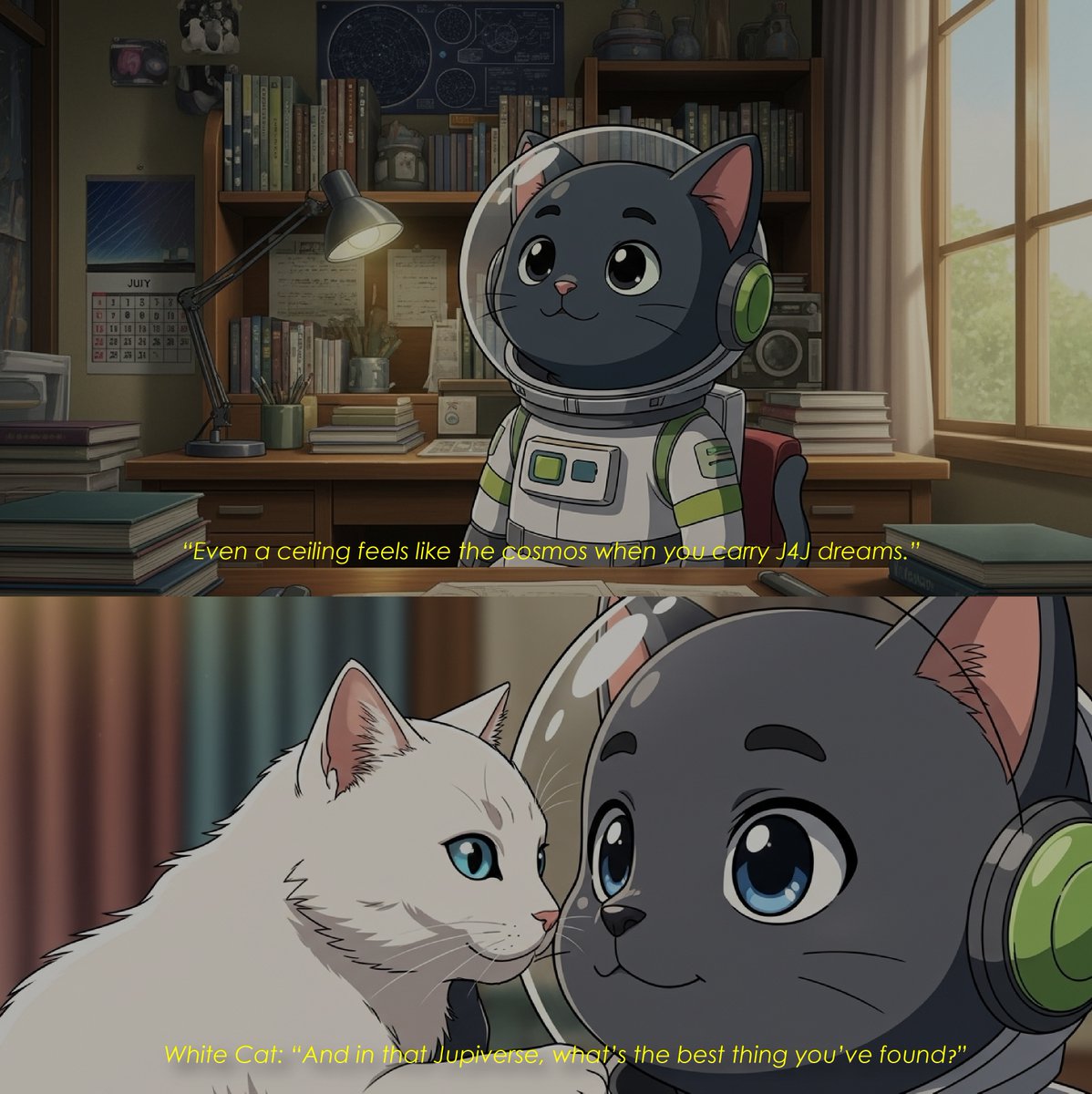 WHITE CAT :
"And in the Jupiverse, what's the best thing you've found?"

J4J : [purrs softly] 
“Saving you. Nothing shines brighter than giving love.”