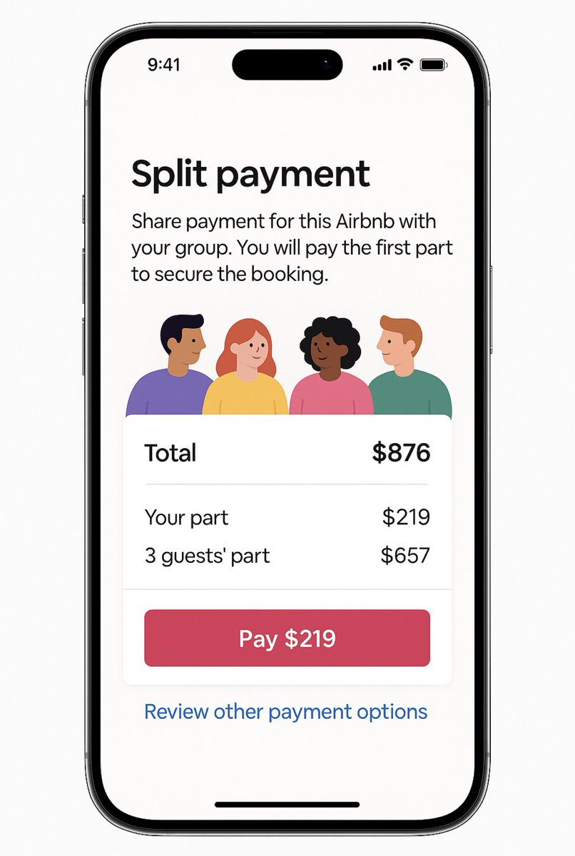 theIBAA's tweet photo. We all love booking amazing group trips on Airbnb… but why does one person always have to front the cost and chase friends for bank transfers? Isn’t it time for Airbnb to add a split payments option? 💵🏡 #Concept #Airbnb https://t.co/4tq23jiHw9