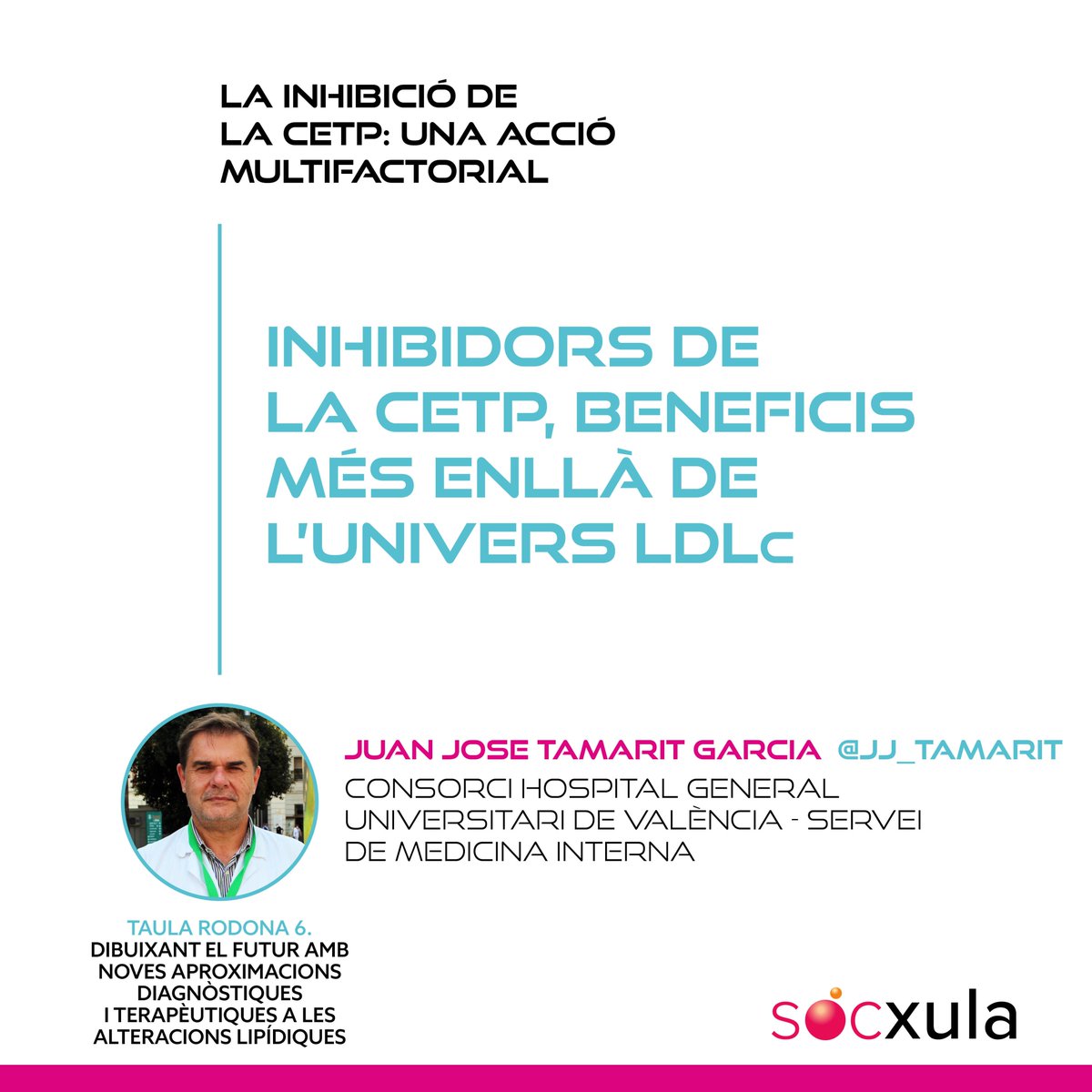 Juan José Tamarit <a href="/Jj_Tamarit/">Juan José Tamarit</a>
“Inhibidors de la CETP, beneficis més enllà de l’univers LDLc”

📍 La inhibició de la CETP: una acció multifactorial

Un tema clau que es tractarà al 2n  #CongrésXULA, del 2 al 4 d’octubre a Reus