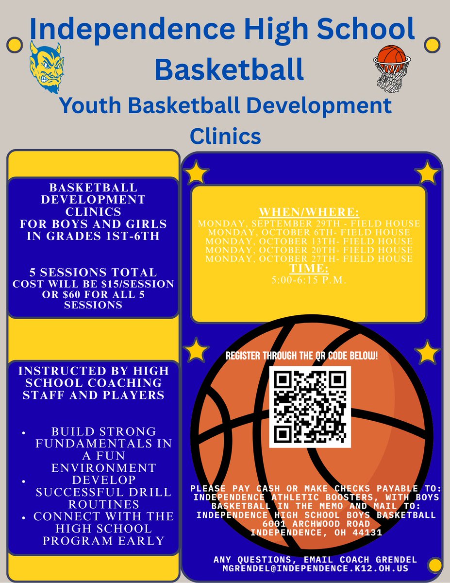 We are excited for our youth basketball skills clinics starting next Monday. 1st grade students are now included. All sessions will be in the field house with access to lowering a couple baskets. Over 40 kids already registered! <a href="/Indy_GBB/">Indy Girls Basketball</a> <a href="/IndyBlueDevils/">Independence Sports</a> <a href="/IHSboyshoops/">Coach Grendel</a>