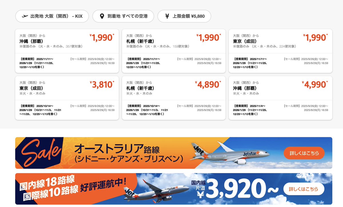 halohalo_travel's tweet photo. 【速報】ジェットスタータイムセールもきたーー！！なんと国内全路線が訳あり1,990円に。往復予約&amp;曜日限定で破格、東京・大阪・札幌・福岡・沖縄も全部1,990円はかなり安い、、、 https://t.co/wcYZSECBjf