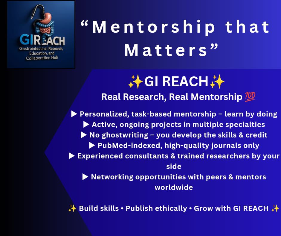 GIREACHOfficial's tweet photo. "We don’t just guide you to publish – we train you to become a researcher for life. 🌍✍️
With hands-on mentorship, real projects, and ethical publishing, GI REACH is where your academic journey truly begins."

🔹 #MedicalResearch #FutureDoctors #MedTwitter #Match2026 https://t.co/lAvwk350pi