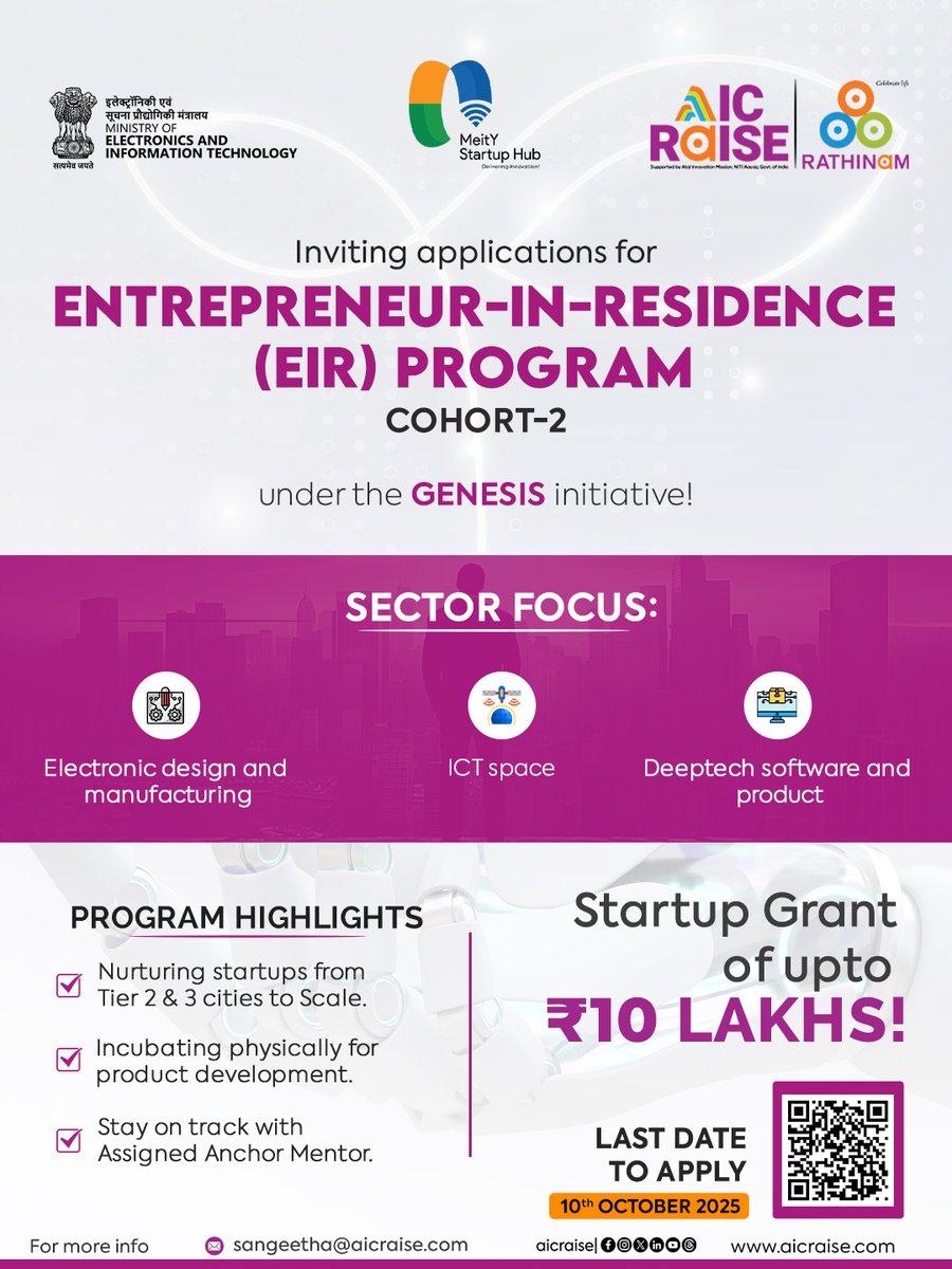 aic_raise's tweet image. Calling all innovative founders!

AIC RAISE, in partnership with MeitY Startup Hub, is excited to launch Entrepreneur-in-Residence (EIR) Program – Cohort 2 under the GENESIS initiative! 🌟

🔗 Apply now: aicraise.accubate.app/ext/survey/595…

#EIRProgram #AICRAISE #MeitYStartupHub