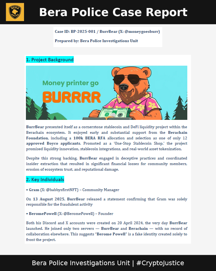 BeraPolice's tweet photo. 🚨🐻Case File 001 - @moneygoesburr 

From Foundation darling to confirmed scam!

The inside job that poisoned the Hive!

👇Part I👇

#BeraPolice #CryptoJustice #Berachain
@babbysfirstNFT @berachain https://t.co/xstzvSY9UH
